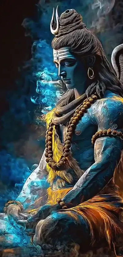 Artistic depiction of Shiva in meditation with blue hues and divine imagery.