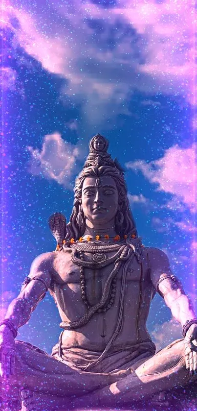 Divine sculpture of Shiva with a cosmic purple aura and serene sky backdrop.