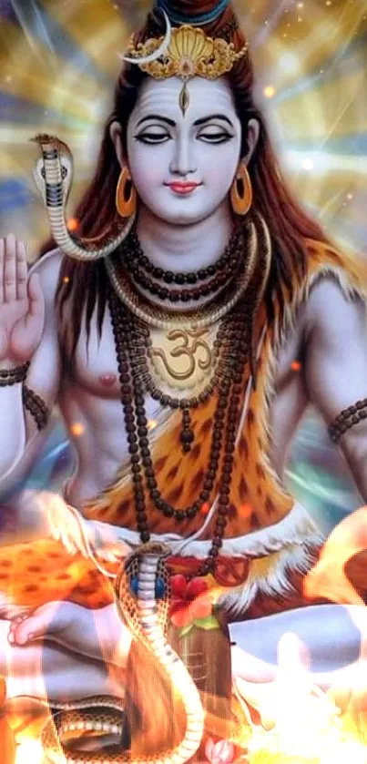 Vibrant wallpaper of Lord Shiva with cosmic background and divine symbols.