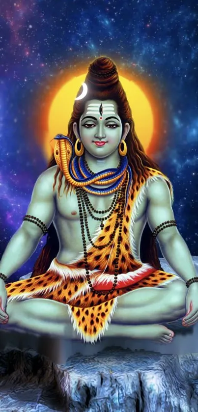 Lord Shiva meditating with cosmic background and vibrant colors.