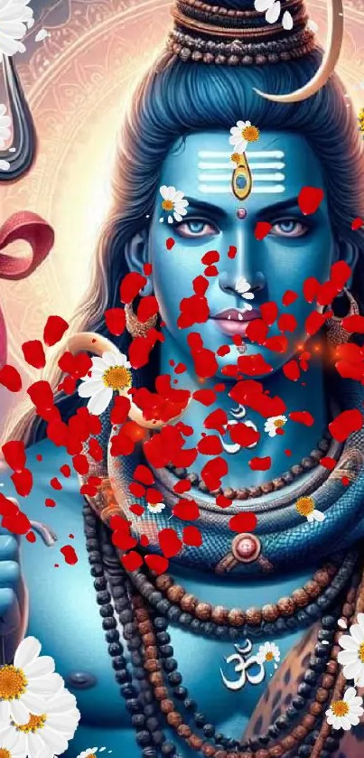 Lord Shiva with flowers and vibrant colors in artistic depiction.