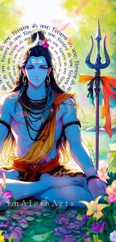 Colorful illustration of Lord Shiva meditating with floral elements.