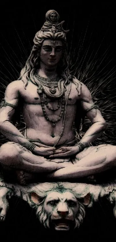 Lord Shiva meditating on a lion's head, mystical background.