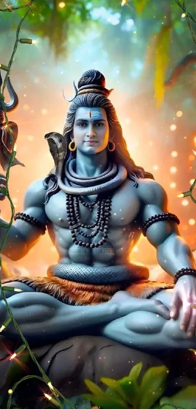 Lord Shiva meditating with serene background lighting.