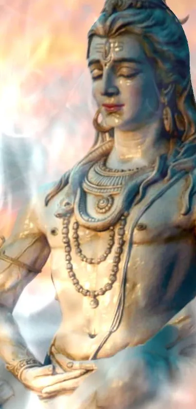 Lord Shiva in meditation with vibrant, ethereal colors as a mobile wallpaper.