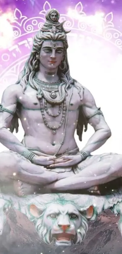 Lord Shiva in meditation against mystical background.