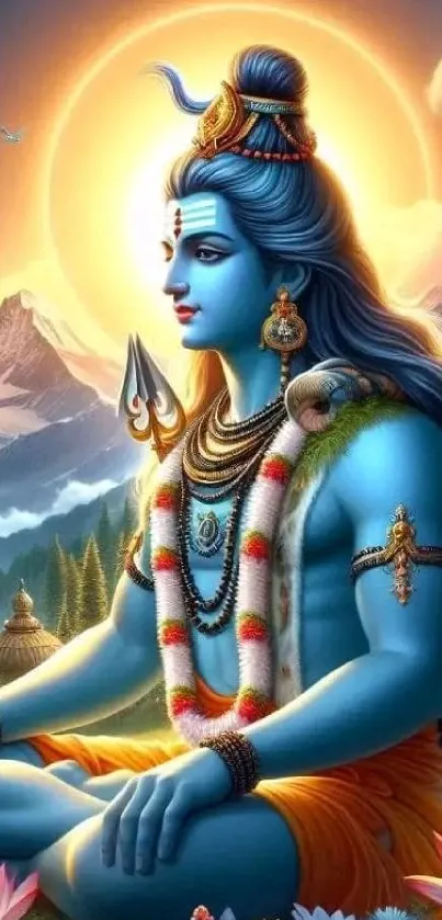 Lord Shiva in meditation with a serene mountain backdrop.