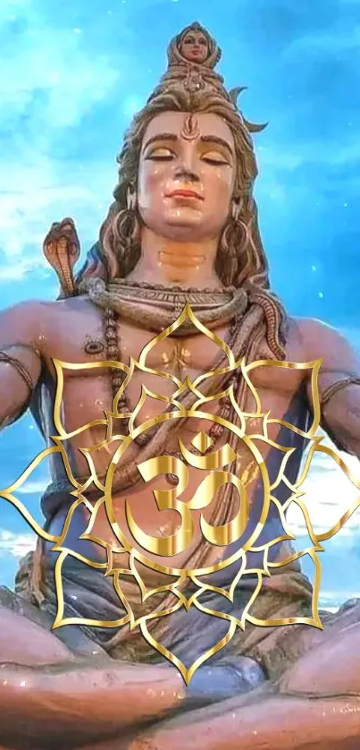 Lord Shiva meditating with Om symbol on serene sky background.
