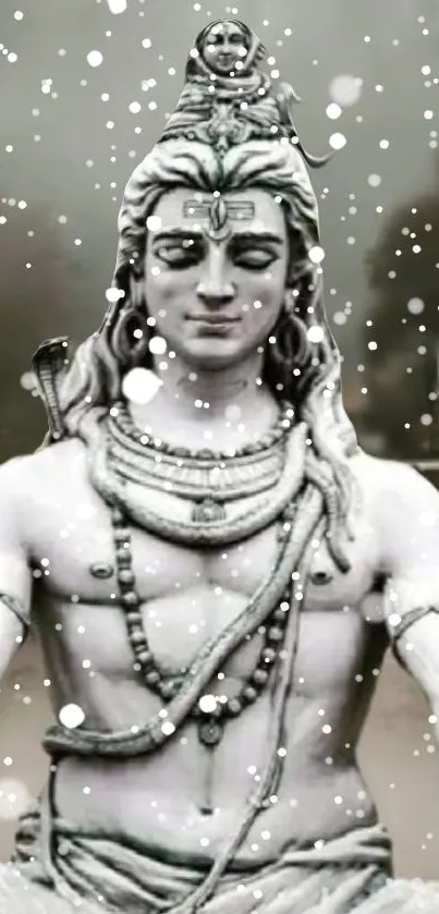 Shiva in meditation amidst falling snow, creating a serene and spiritual wallpaper.