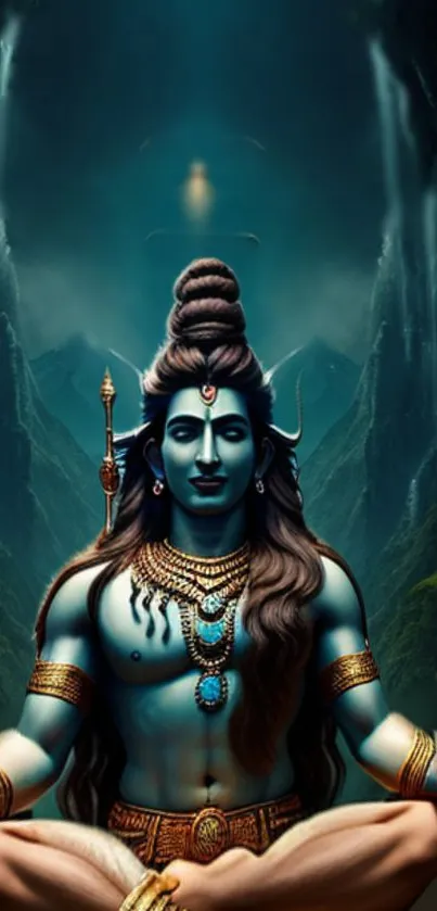 Lord Shiva in meditation with mystical background.