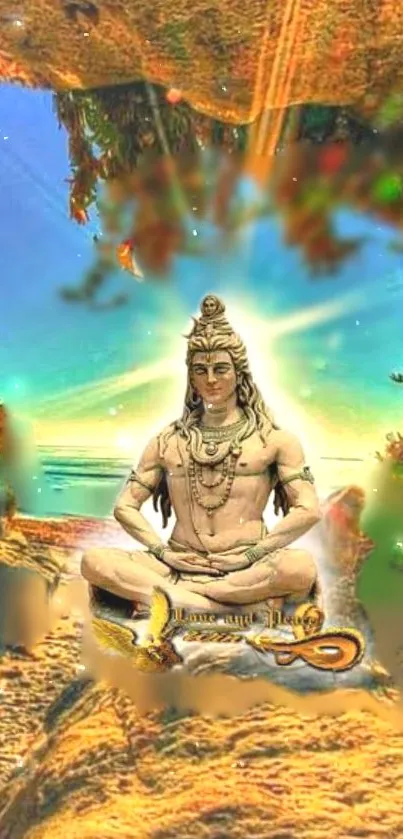 Mobile wallpaper of Lord Shiva meditating in a divine, sunlit cave landscape.