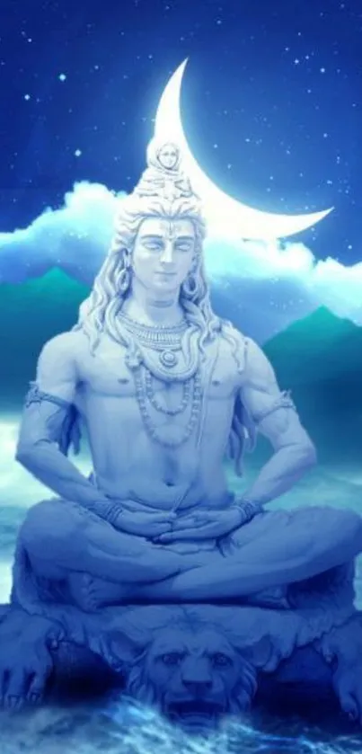 Meditative Shiva in moonlit serene setting with divine aura.