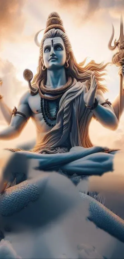 Lord Shiva meditating among clouds with a divine aura.