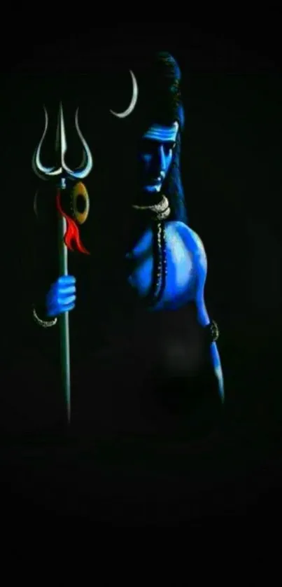 Lord Shiva in dark blue tones with a trident on a mobile wallpaper.