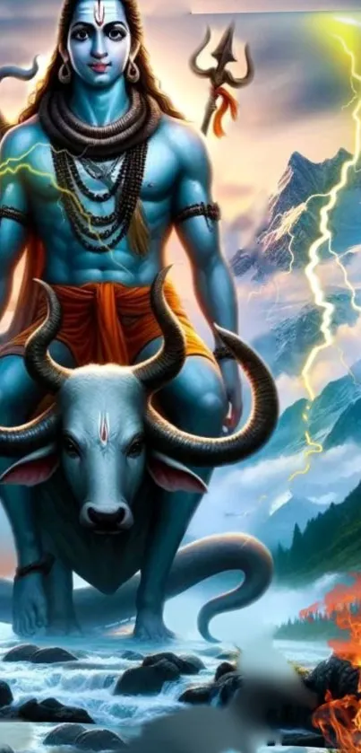 Vibrant depiction of Shiva with Nandi and mountain backdrop.