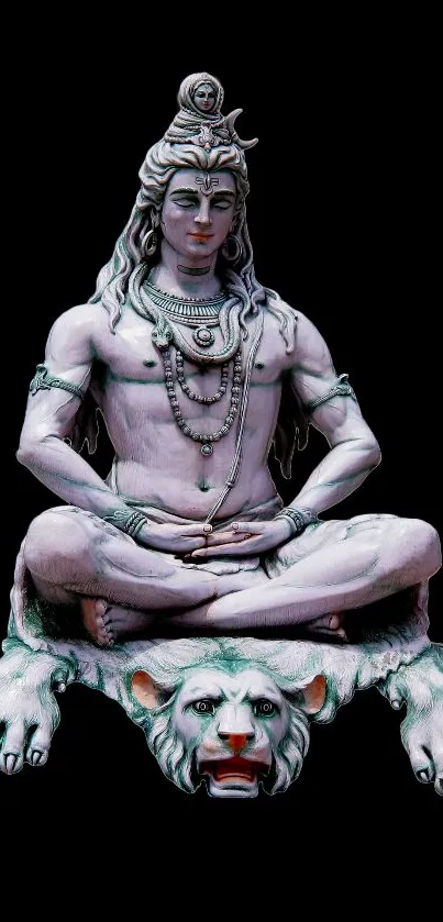 Lord Shiva meditating on a lion sculpture, set against a black background.