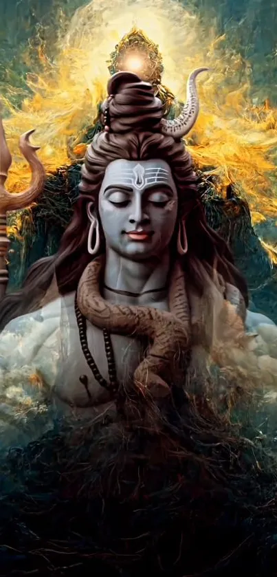 Divine Lord Shiva wallpaper with trident and spiritual aura.