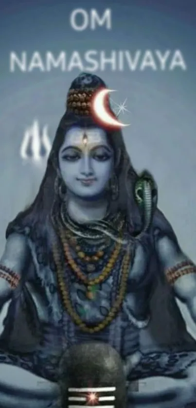 Lord Shiva in meditation with Om Namah Shivaya text.