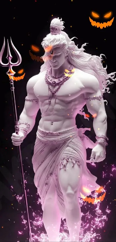 Divine Shiva statue with vibrant purple aura and glowing features, perfect for mobile wallpaper.