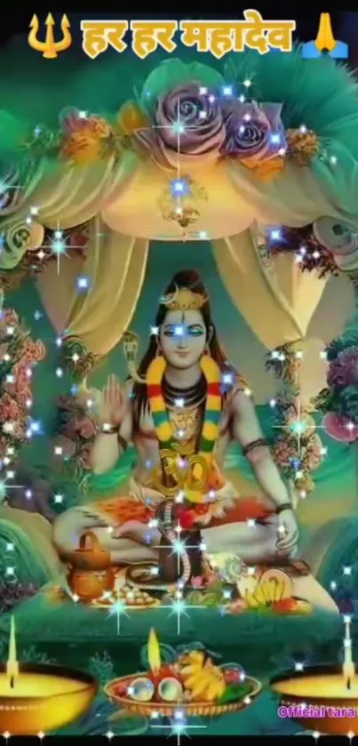 Colorful and divine depiction of Shiva in a spiritual setting.