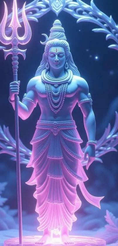 Statue of Lord Shiva with trident in serene setting.