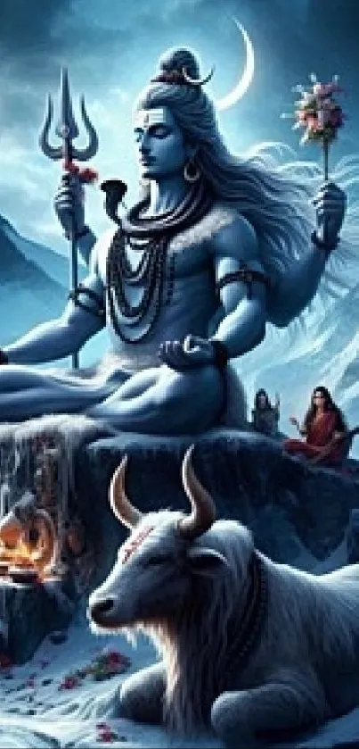 Meditative Shiva with tranquil mountains in the background.