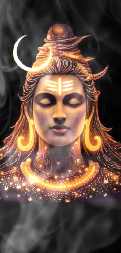 Mystical depiction of Lord Shiva with ethereal light and smoke.