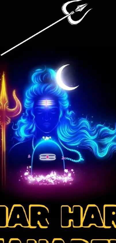 Neon art of Lord Shiva with trishul and moon in vibrant colors.