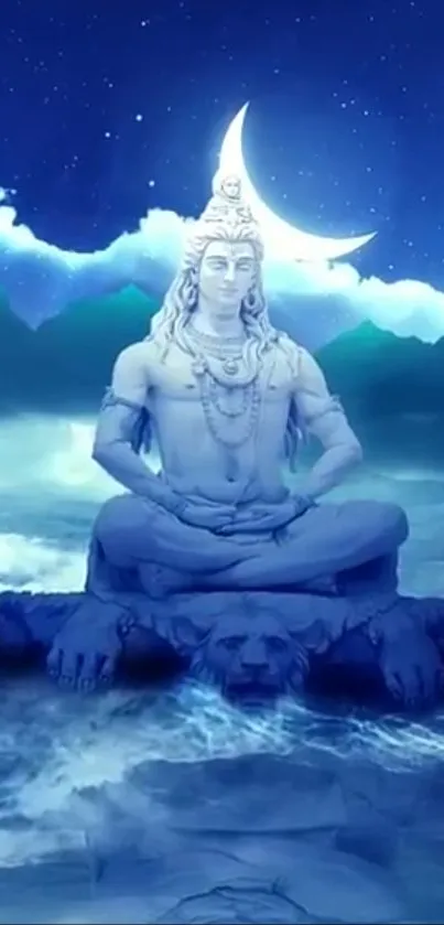 Lord Shiva meditating with a celestial night sky and ocean waves backdrop.