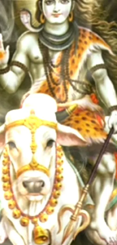 Lord Shiva riding Nandi, spiritual wallpaper art.