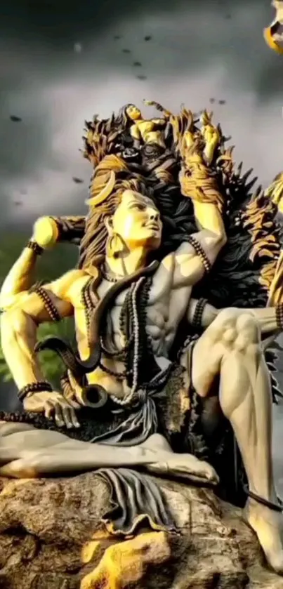 Intricate Shiva statue on rocky base, mystical aura.