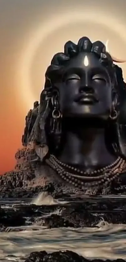 Shiva statue against a sunset with a serene and spiritual ambiance.