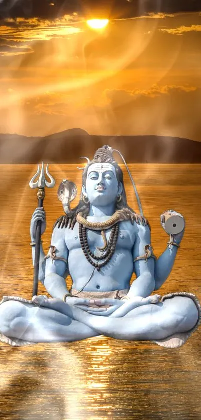 Lord Shiva meditating with a golden sunset in the background.