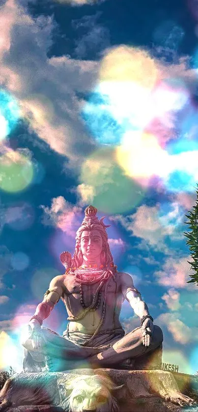 Serene Shiva statue sitting under a vibrant blue sky with clouds.