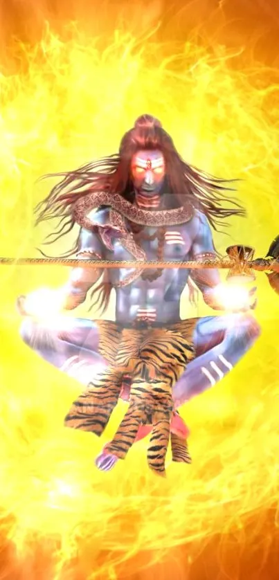 Vibrant image of Lord Shiva in meditation with fiery aura.