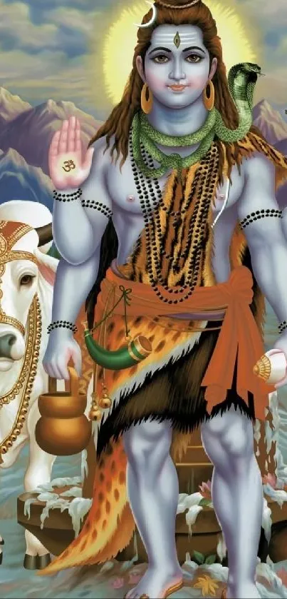 Illustration of Lord Shiva with a cow, showcasing spiritual elements.