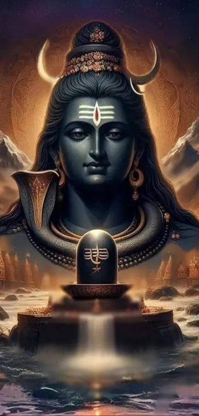 Mystical Lord Shiva artwork with mountains and temples.