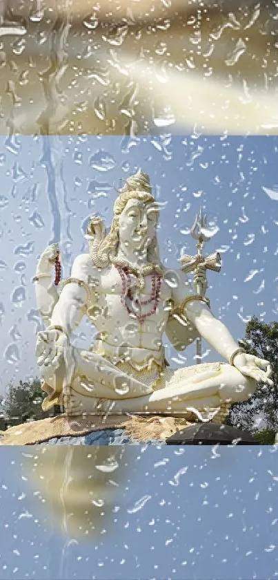 Lord Shiva statue with raindrop glass effect on a sunny day.