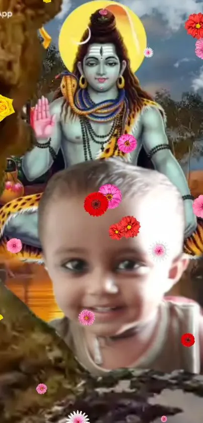 Lord Shiva with a smiling child and flowers on a mobile wallpaper.