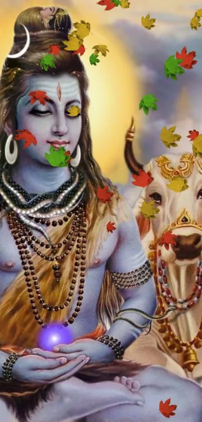 Serene wallpaper of Lord Shiva with a sacred cow and vibrant autumn leaves.