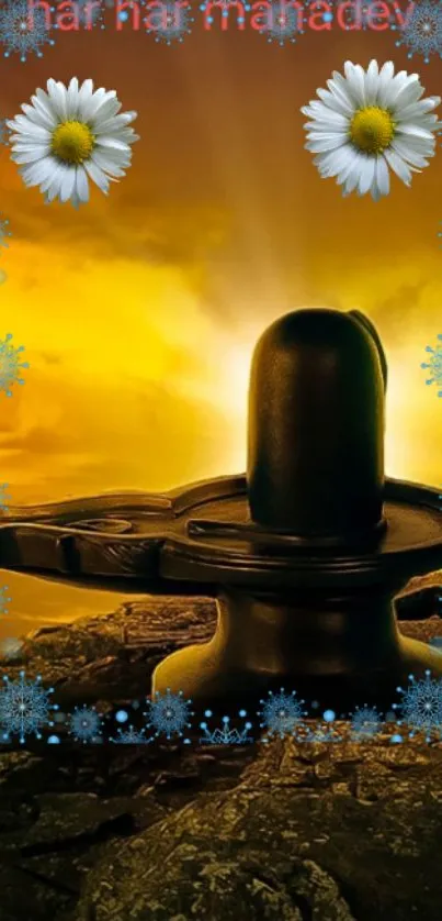 Shivling with sunrise background and daisy flowers.