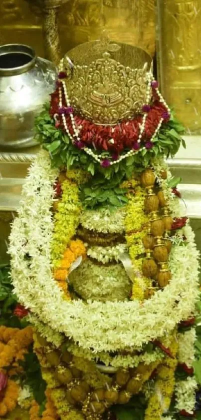 Beautifully adorned Shivling with vibrant garlands and a golden glow.