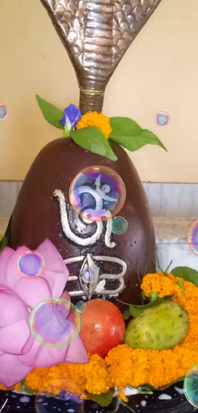 Shivling with colorful flowers and fruits in sacred setting.