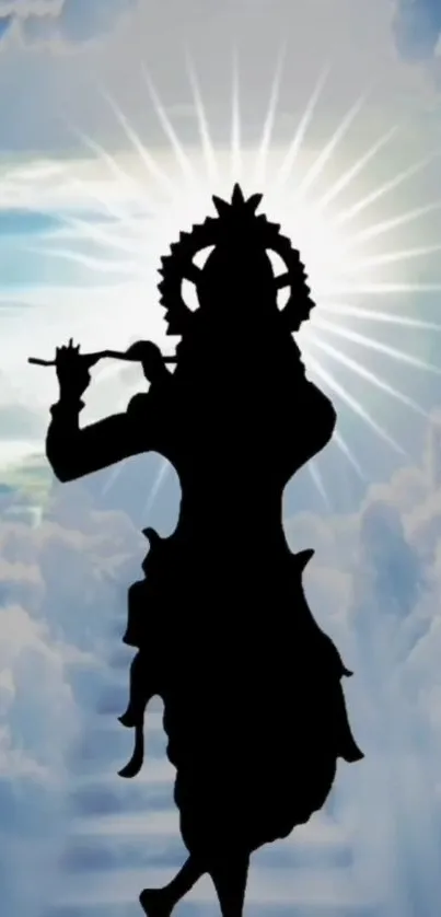 Silhouette of a figure with flute in a cloudy, radiant sky background.