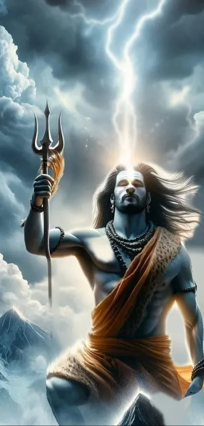 Sky god with trident amidst clouds and lightning.