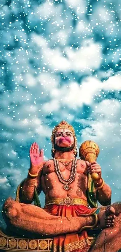 Stunning Hanuman statue against a sparkling night sky with clouds.