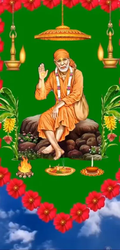 Vibrant Sai Baba spiritual wallpaper with colorful borders and divine ambiance.