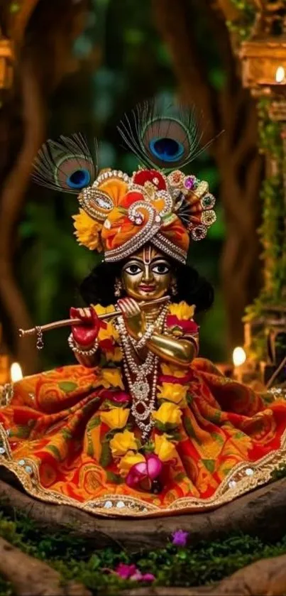 Colorful spiritual figure with peacock feathers in a vibrant setting.