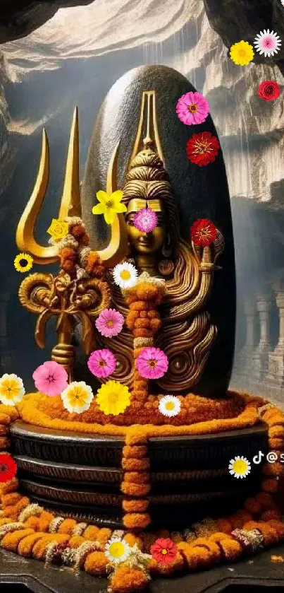 Divine statue adorned with vibrant flowers in a tranquil setting.