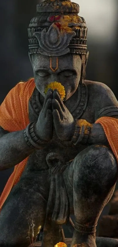 Stone statue draped in orange cloth, exuding spiritual serenity.